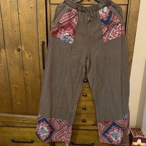 Boho Patchwork Wide Leg Pants in Taupe and Red